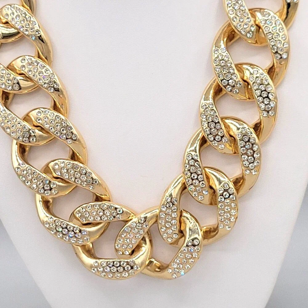 Gold Tone Linking Chain Rhinestone Studded Bib Necklace Collar Length Chunky - Picture 3 of 8